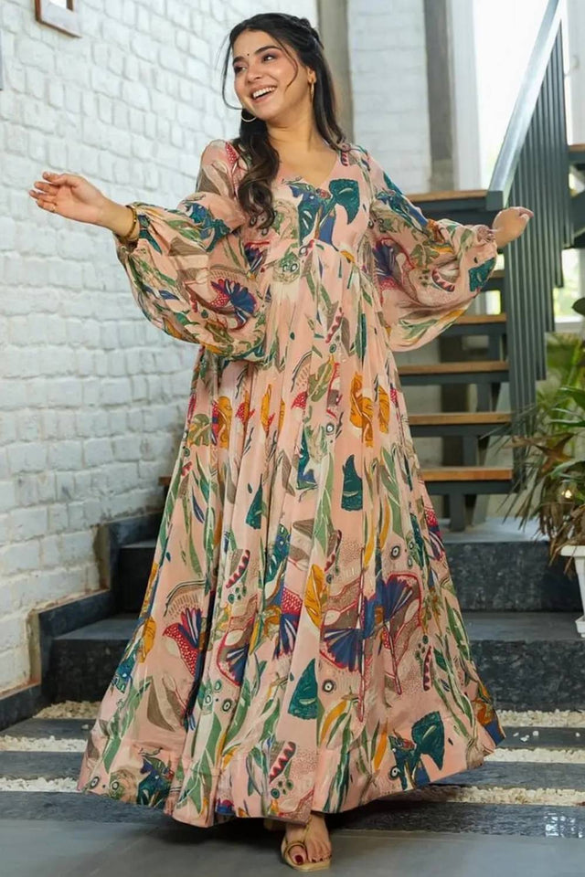 Multi Color Floral Printed Art Silk Gown (KF clora4-403)