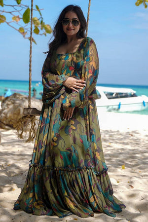 Multi Color Floral Printed Art Silk Gown (KF clora4-406)
