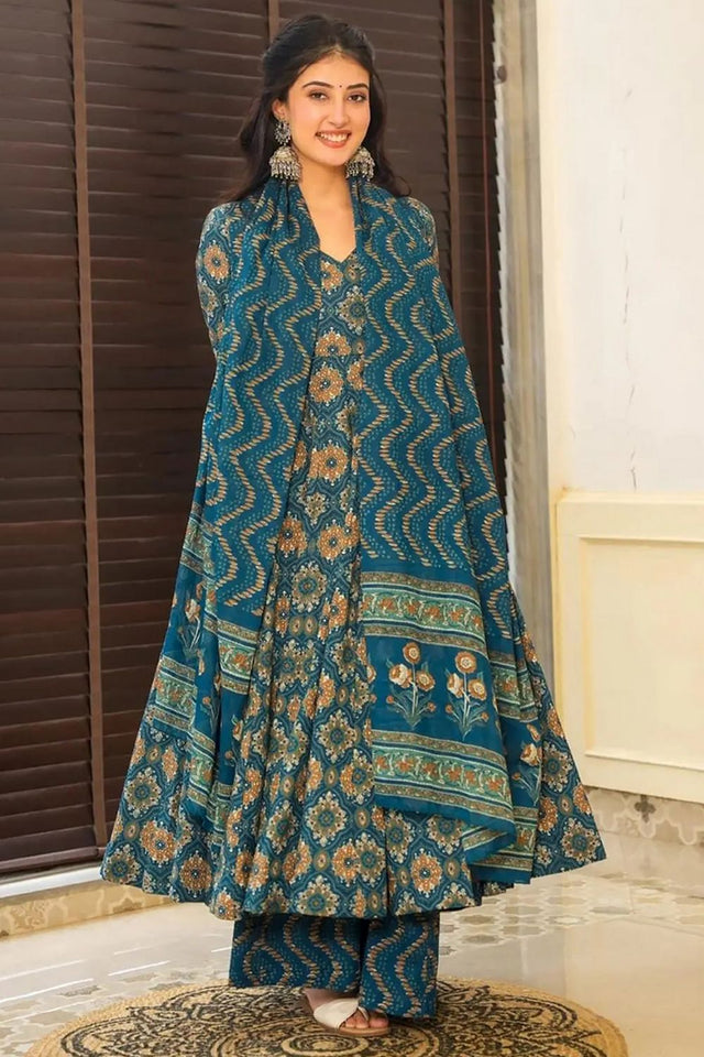Blue Floral Printed Rayon Anarkali Suits (KF clora6-601)