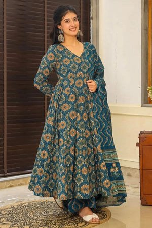 Blue Floral Printed Rayon Anarkali Suits (KF clora6-601)