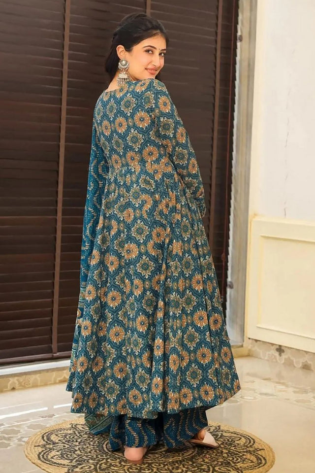Blue Floral Printed Rayon Anarkali Suits (KF clora6-601)