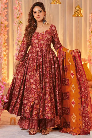 Red Floral Printed Rayon Anarkali Suits (KF clora6-602)