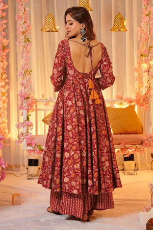 Red Floral Printed Rayon Anarkali Suits (KF clora6-602)
