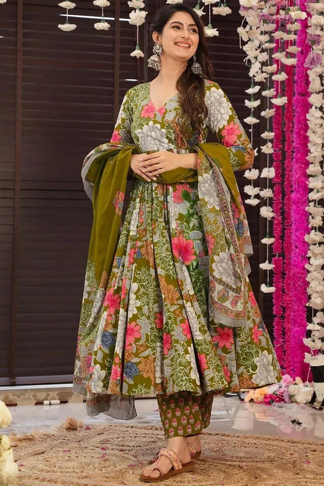 Mehendi Floral Printed Rayon Anarkali Suits (KF clora6-603)