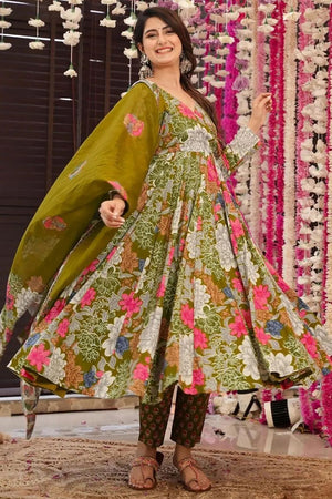Mehendi Floral Printed Rayon Anarkali Suits (KF clora6-603)