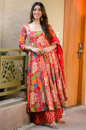 Red Floral Printed Rayon Anarkali Suits (KF clora6-604)