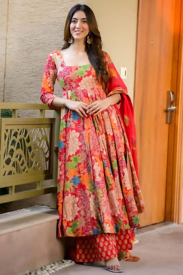 Red Floral Printed Rayon Anarkali Suits (KF clora6-604)