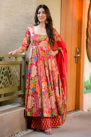 Red Floral Printed Rayon Anarkali Suits (KF clora6-604)