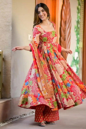 Red Floral Printed Rayon Anarkali Suits (KF clora6-604)
