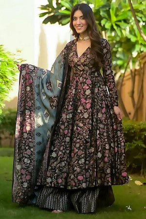 Black Floral Printed Rayon Anarkali Suits (KF clora6-605)