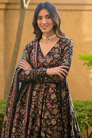 Black Floral Printed Rayon Anarkali Suits (KF clora6-605)