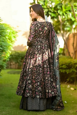 Black Floral Printed Rayon Anarkali Suits (KF clora6-605)