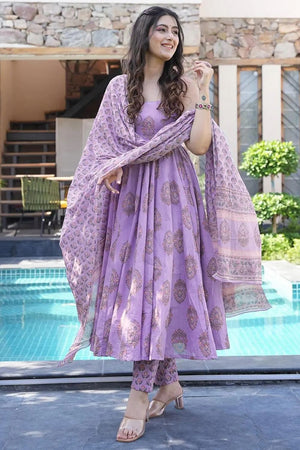 Lavender Floral Printed Rayon Anarkali Suits (KF clora6-606)
