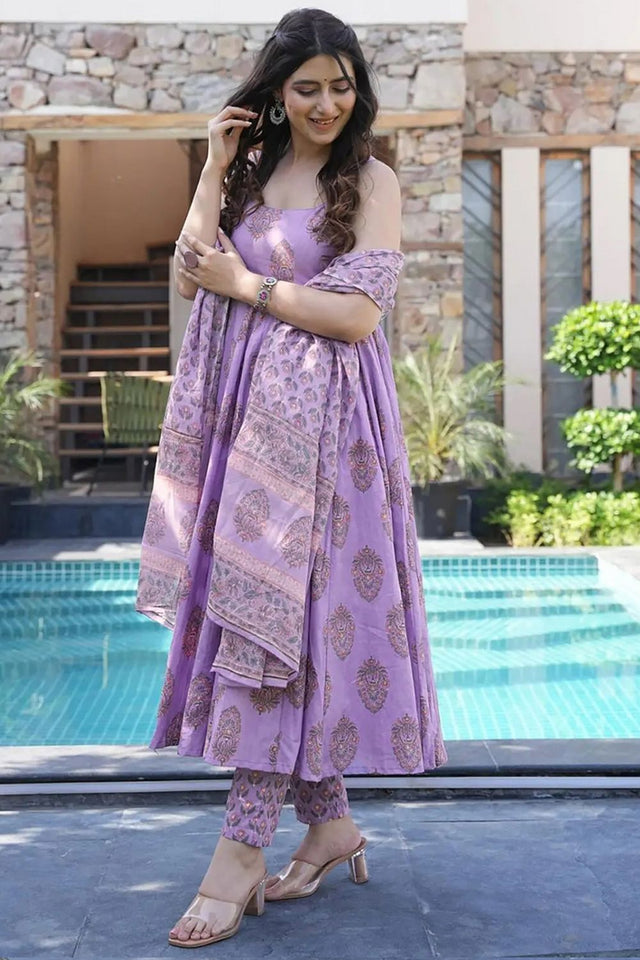 Lavender Floral Printed Rayon Anarkali Suits (KF clora6-606)