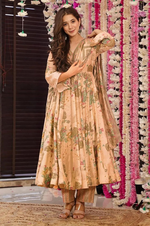 Cream Floral Printed Rayon Anarkali Suits (KF clora6-607)