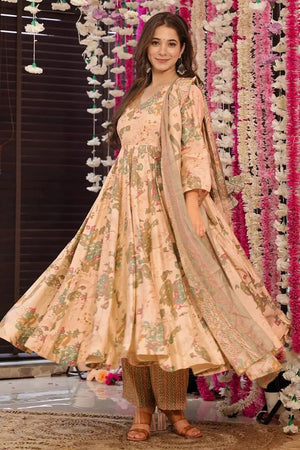 Cream Floral Printed Rayon Anarkali Suits (KF clora6-607)