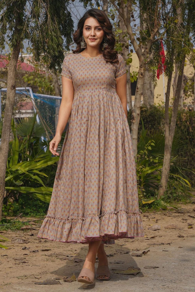 Beige Printed Rayon Dresses (KF clora8-801)