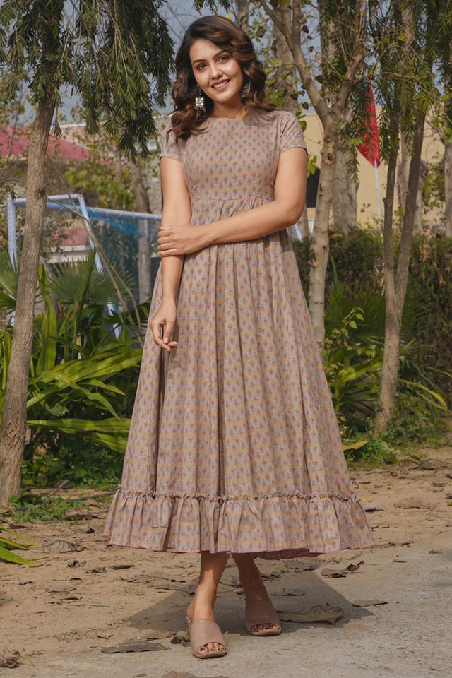 Beige Printed Rayon Dresses (KF clora8-801)