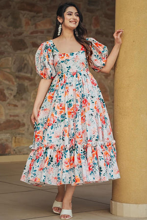 Off White Printed Rayon Dresses (KF clora8-803)