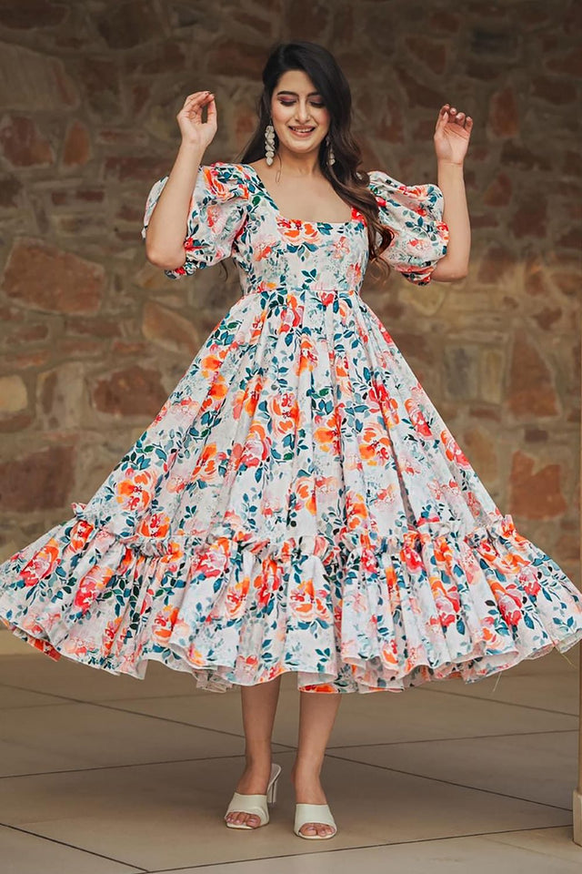 Off White Printed Rayon Dresses (KF clora8-803)