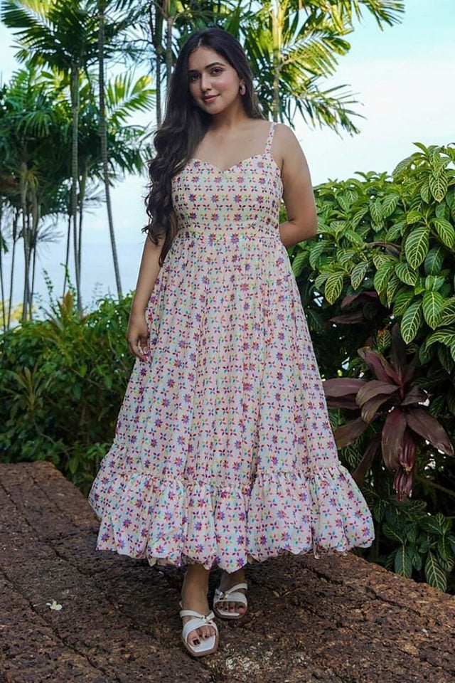 Off White Printed Rayon Dresses (KF clora8-806)