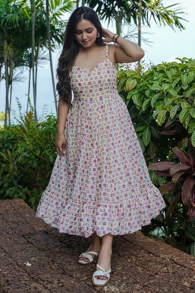 Off White Printed Rayon Dresses (KF clora8-806)