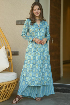 Blue Printed Rayon Kurti Palazzo Set (KF lucaya12-1205)