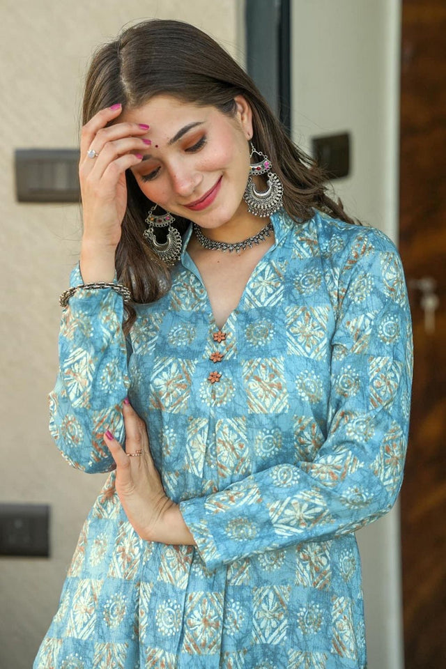 Blue Printed Rayon Kurti Palazzo Set (KF lucaya12-1205)
