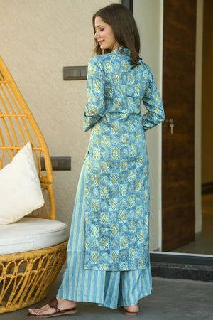 Blue Printed Rayon Kurti Palazzo Set (KF lucaya12-1205)