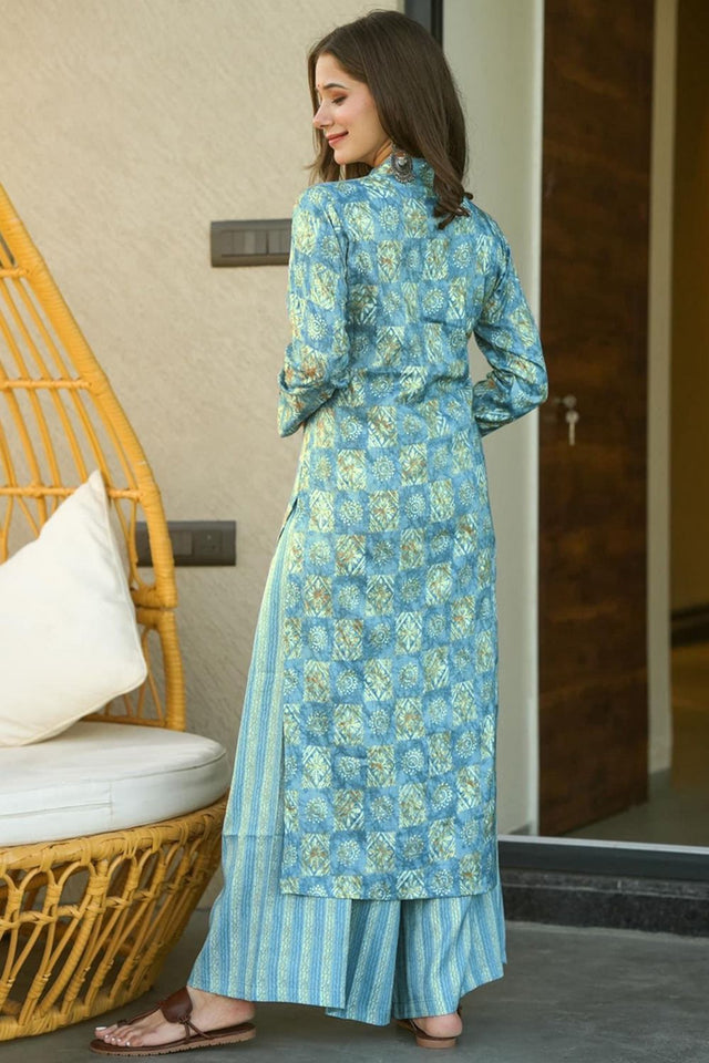 Blue Printed Rayon Kurti Palazzo Set (KF lucaya12-1205)