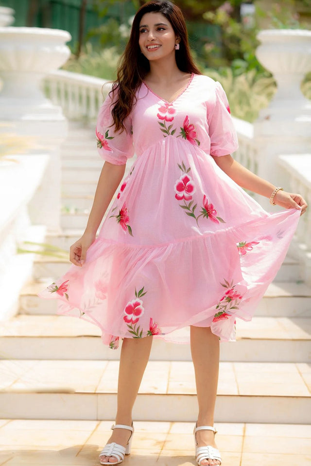 Pink Floral Printed Rayon Dresses (KF lucaya13-1301)