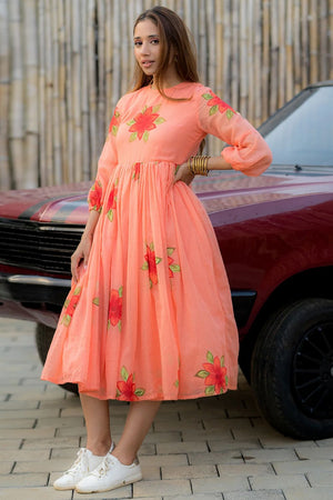 Peach Floral Printed Rayon Dresses (KF lucaya13-1303)