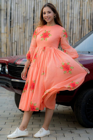 Peach Floral Printed Rayon Dresses (KF lucaya13-1303)