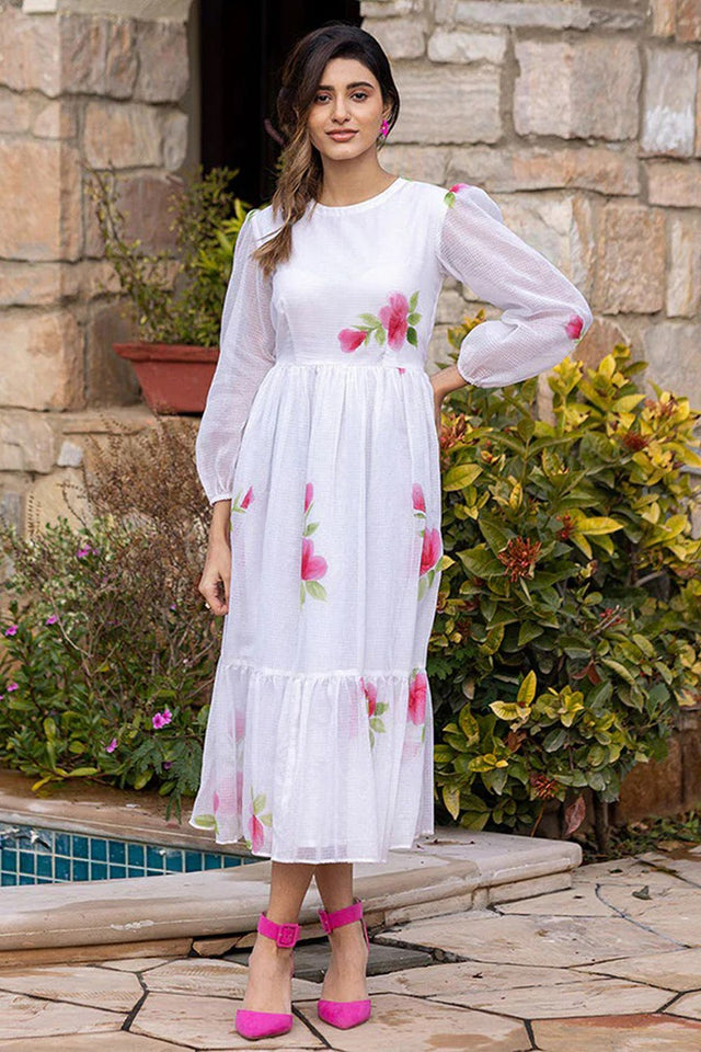 Off White Floral Printed Rayon Dresses (KF lucaya13-1304)
