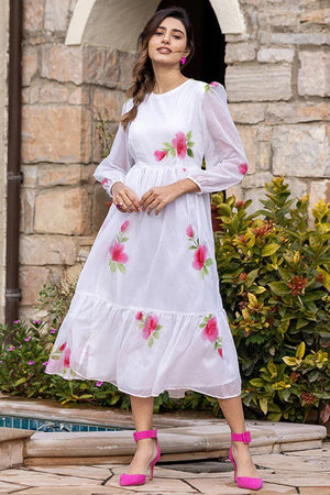 Off White Floral Printed Rayon Dresses (KF lucaya13-1304)