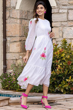 Off White Floral Printed Rayon Dresses (KF lucaya13-1304)