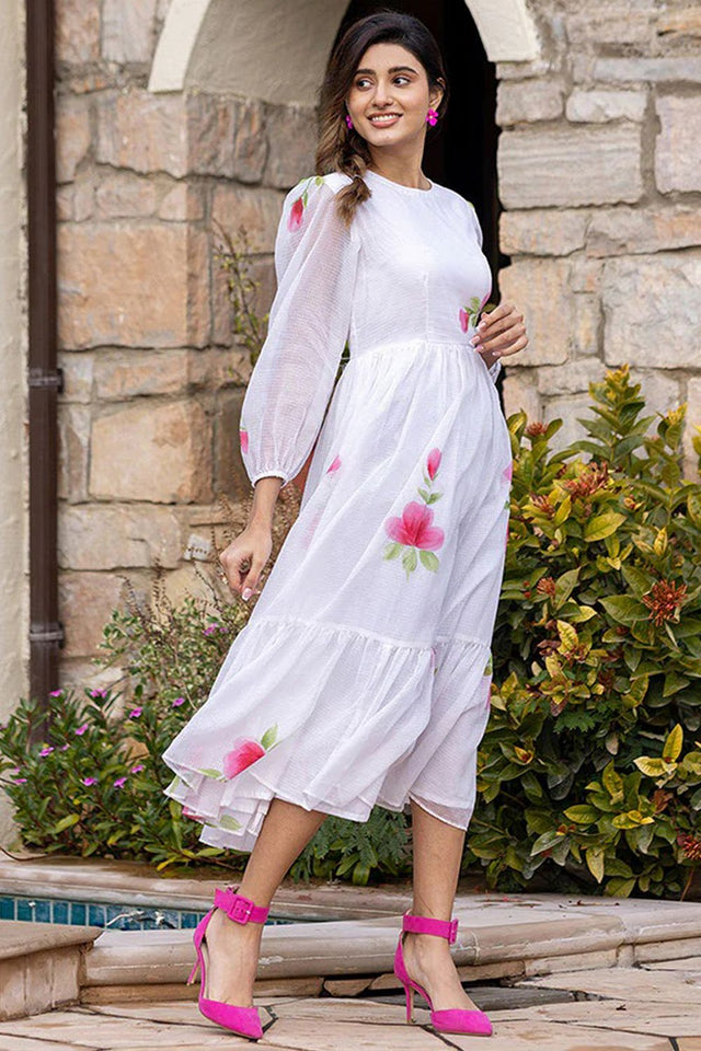 Off White Floral Printed Rayon Dresses (KF lucaya13-1304)