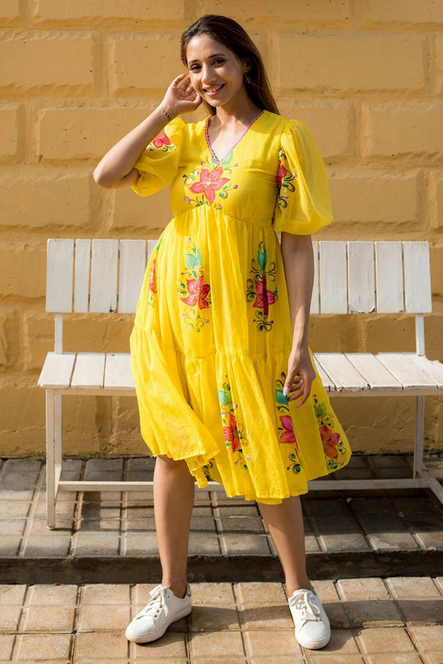 Yellow Floral Printed Rayon Dresses (KF lucaya13-1306)