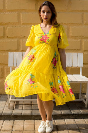 Yellow Floral Printed Rayon Dresses (KF lucaya13-1306)