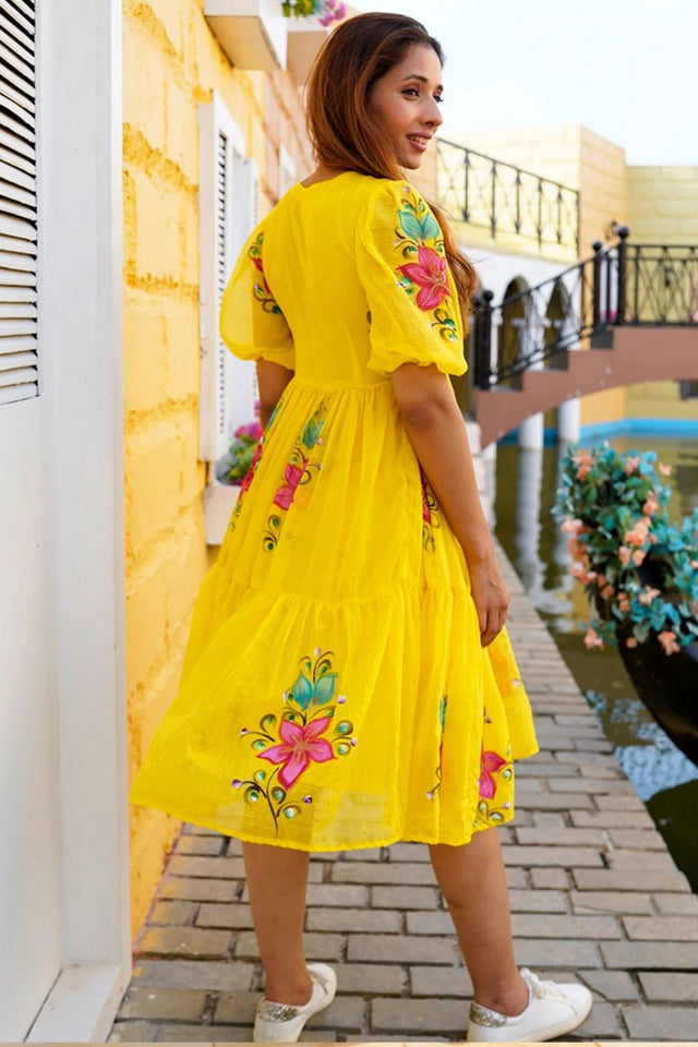 Yellow Floral Printed Rayon Dresses (KF lucaya13-1306)