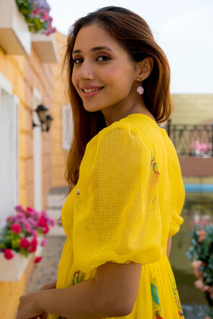 Yellow Floral Printed Rayon Dresses (KF lucaya13-1306)