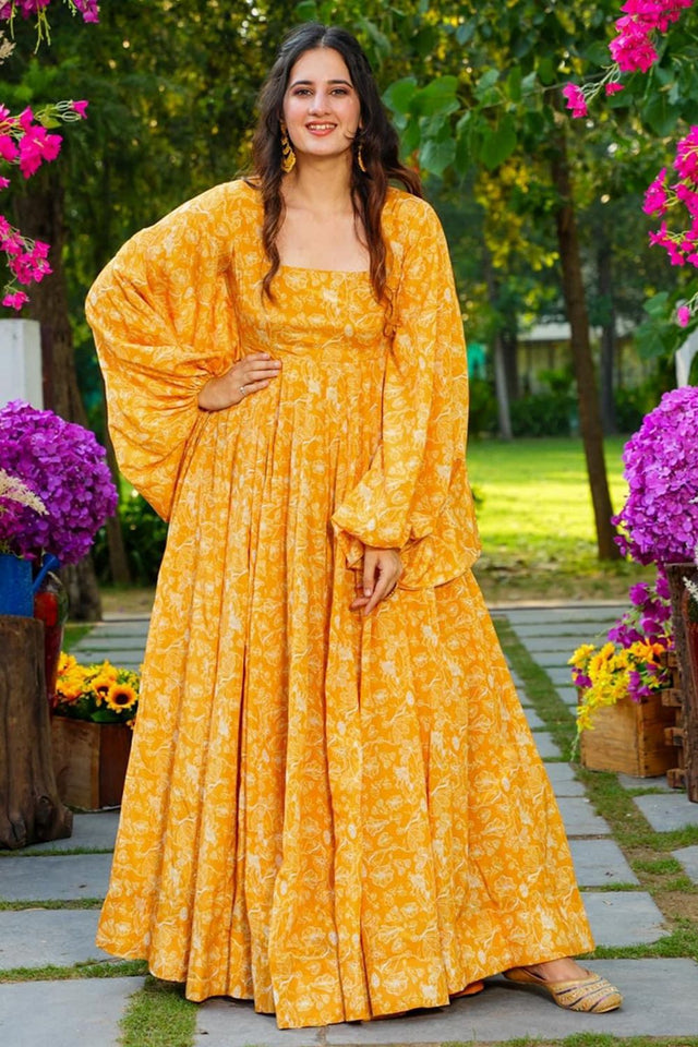 Yellow Floral Printed Georgette Dresses (KF lucaya16-1601)