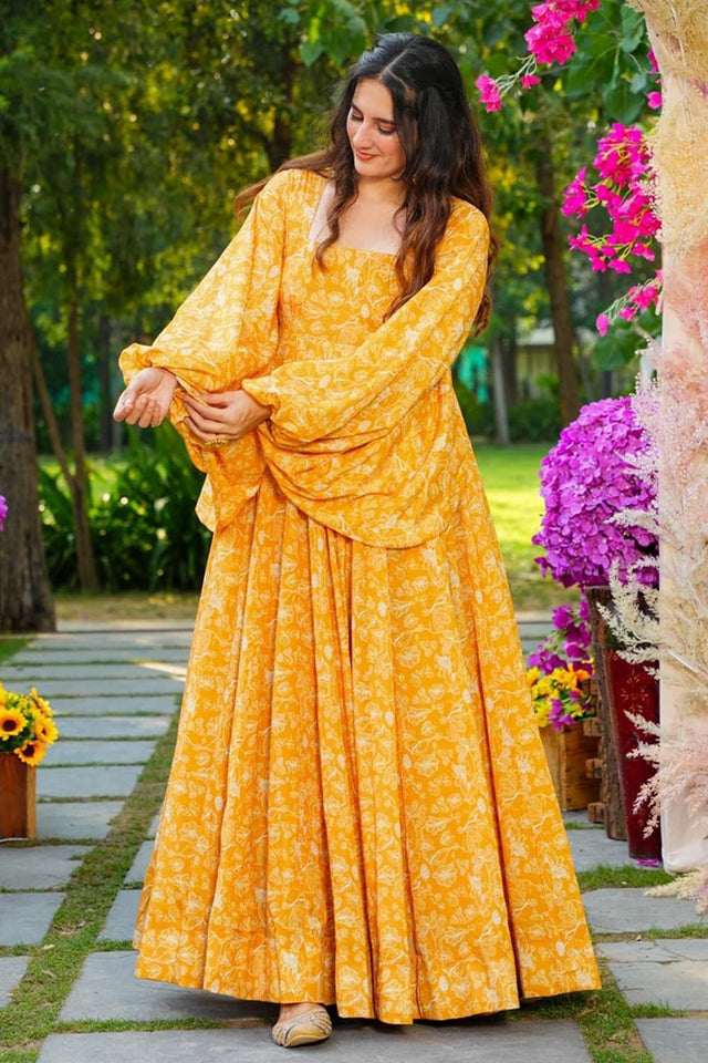 Yellow Floral Printed Georgette Dresses (KF lucaya16-1601)