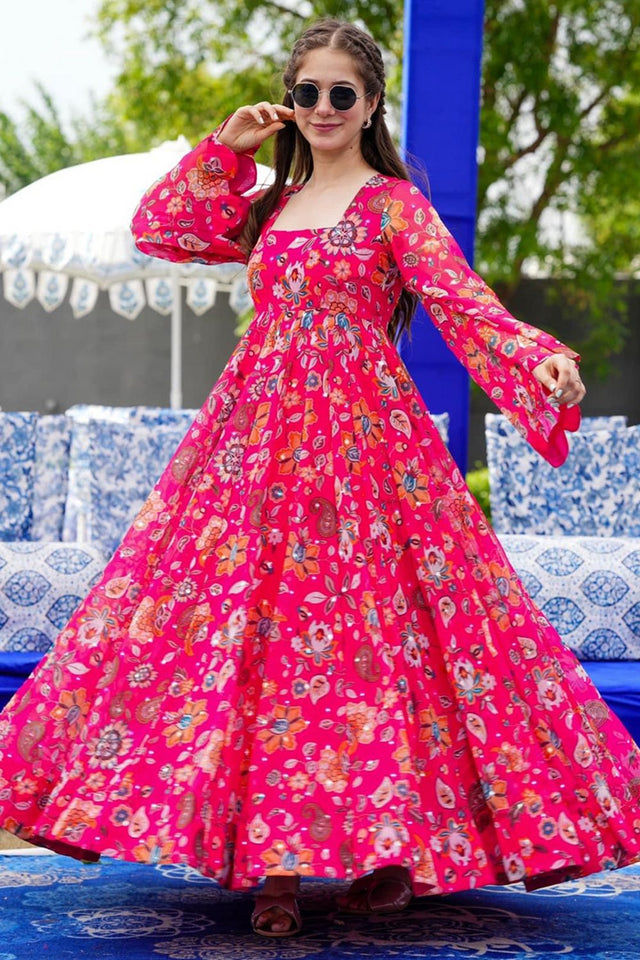 Pink Floral Printed Georgette Dresses (KF lucaya16-1604)
