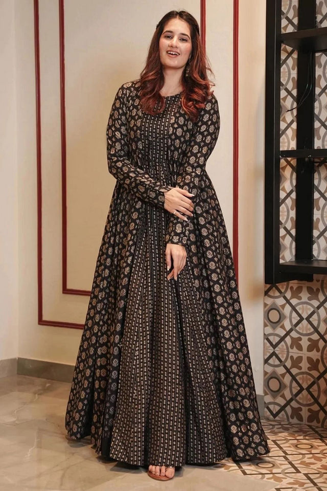 Black Printed Rayon Gown (KF lucaya17-1701)
