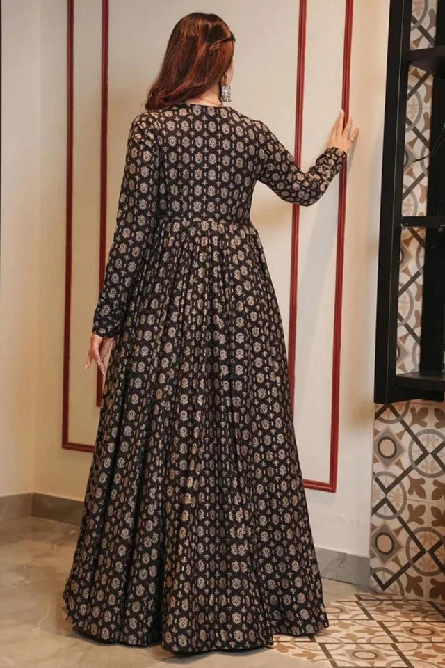 Black Printed Rayon Gown (KF lucaya17-1701)
