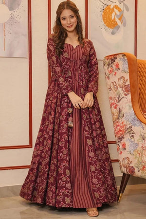 Maroon Floral Printed Rayon Gown (KF lucaya17-1702)
