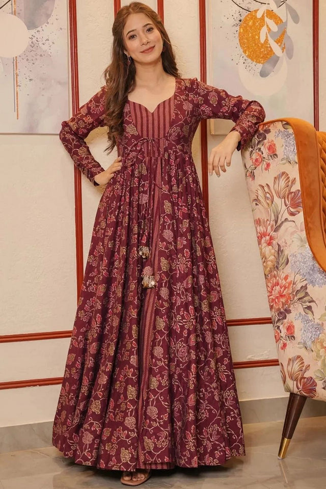 Maroon Floral Printed Rayon Gown (KF lucaya17-1702)