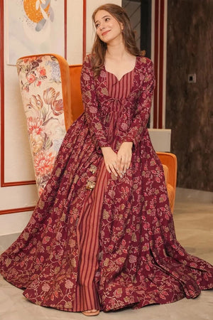 Maroon Floral Printed Rayon Gown (KF lucaya17-1702)