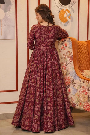 Maroon Floral Printed Rayon Gown (KF lucaya17-1702)